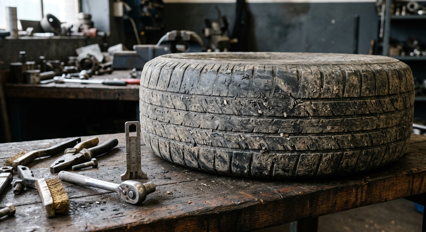 Close-up of a worn tyre tread on a workshop bench