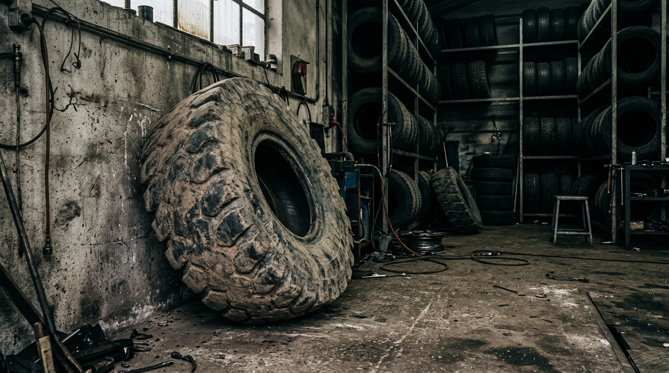 Large off-the-road tyre leaning against a workshop wall beside racks of tyres
